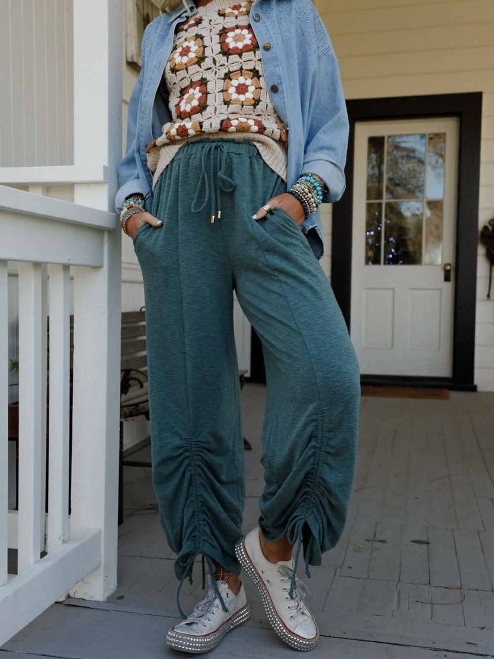 Casual Drawstring Ruched Hem Pants - Teal